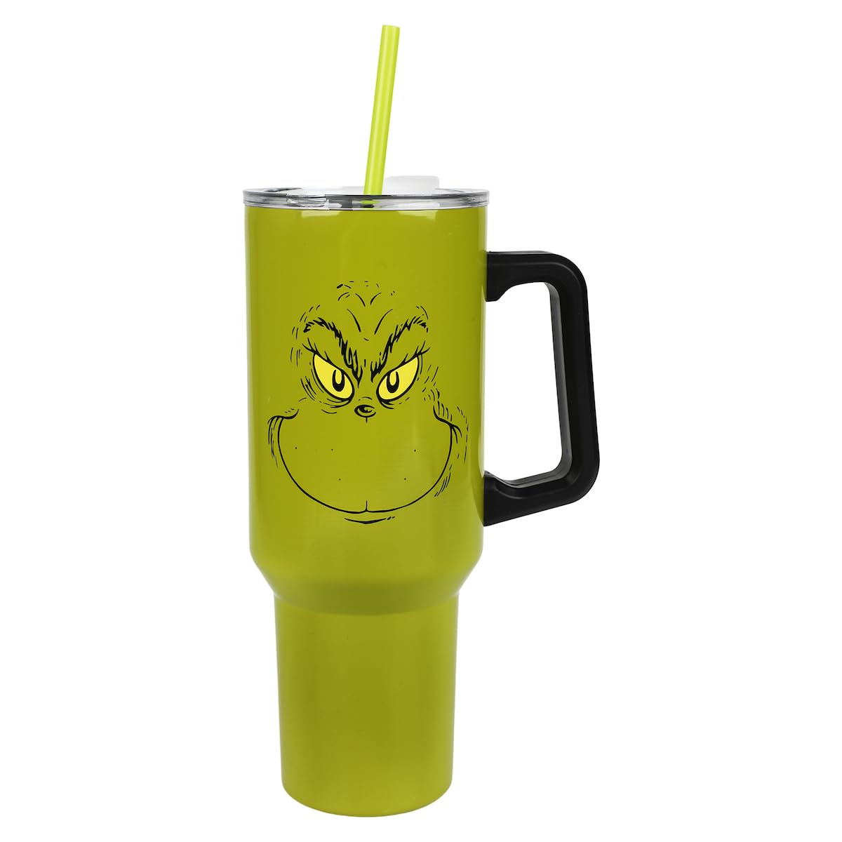 Bioworld Grinch 40 oz tumbler with handle shows grinning face for festive hydration on the go.
