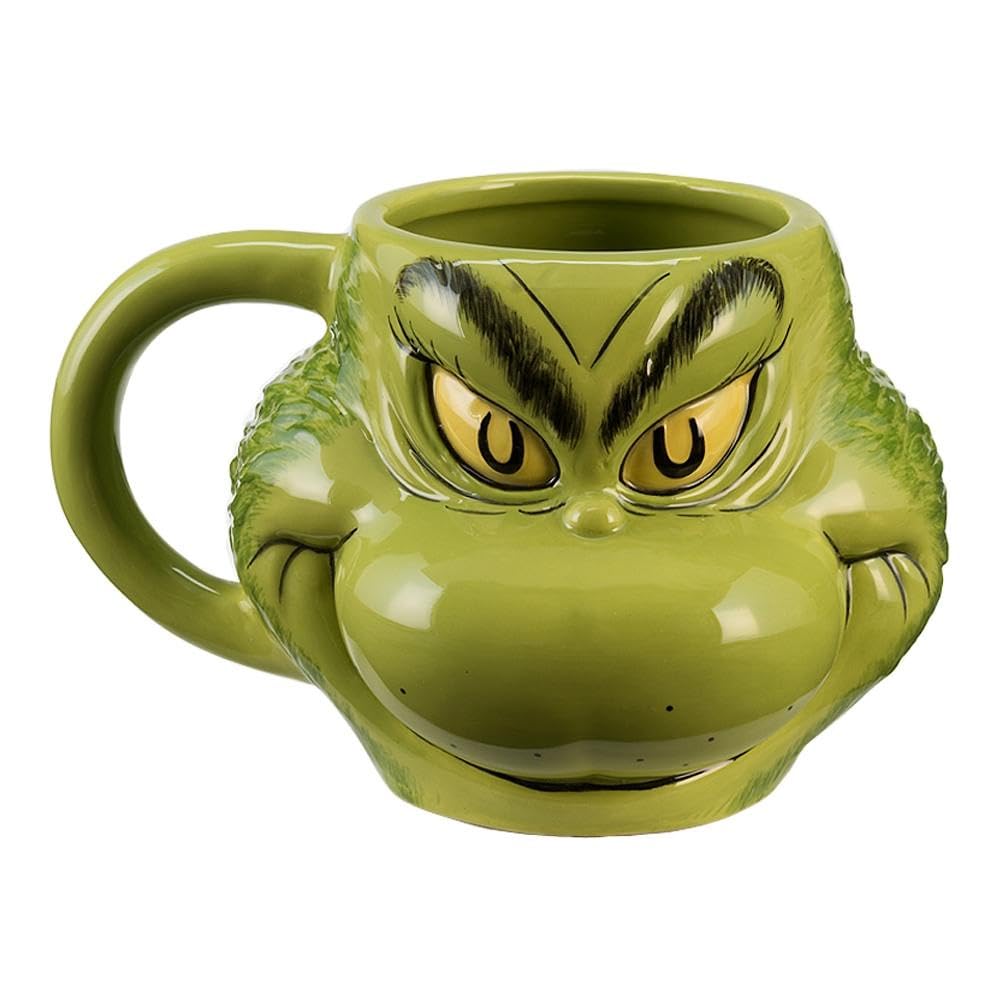 Bioworld Grinch mug with a detailed 3D face sculpt for festive sipping.
