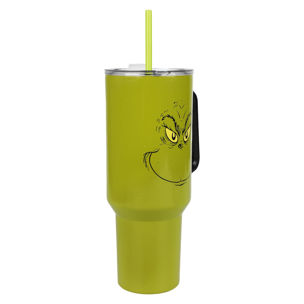 Bioworld Grinch tumbler with spill-proof lid enables worry-free sipping during travel.
