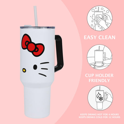 Bioworld Hello Kitty 40oz tumbler lid close-up shows secure seal.