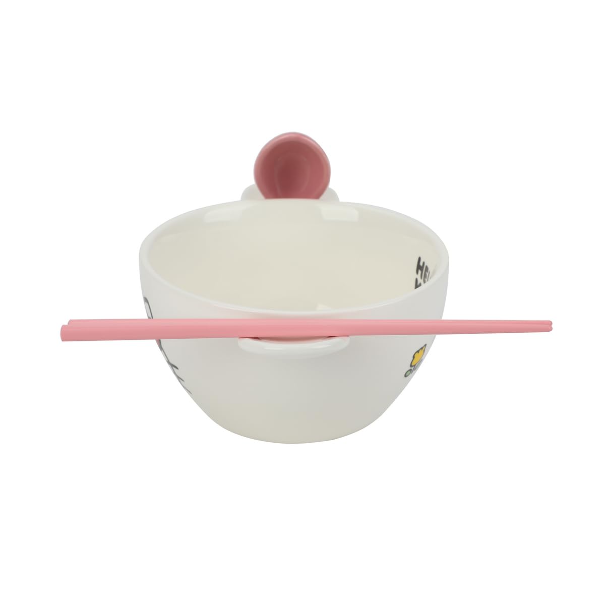 Bioworld Hello Kitty bowl features the slogan for a cheerful mealtime.