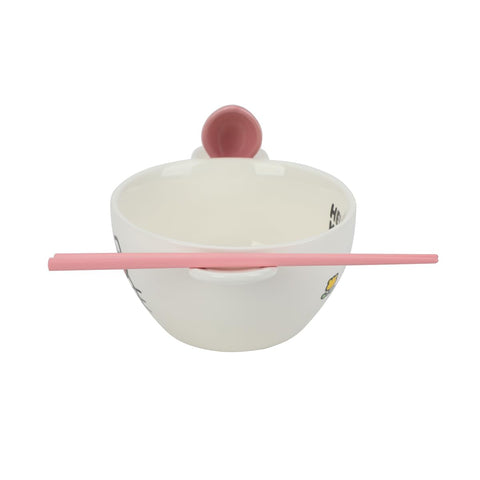 Bioworld Hello Kitty bowl features the slogan for a cheerful mealtime.