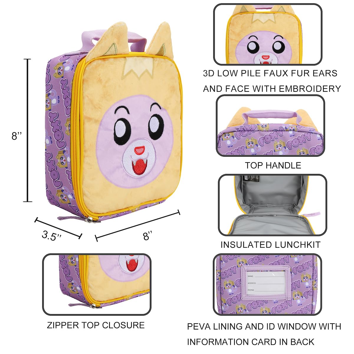 Bioworld Lankybox Foxy lunchbox puff print detail highlights vibrant design