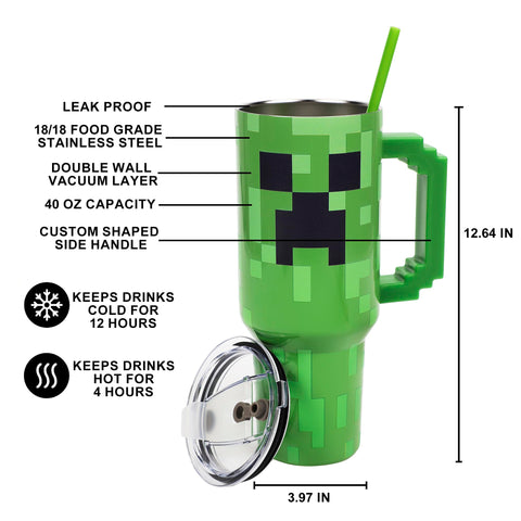 Bioworld Minecraft Creeper 40oz tumbler keeps drinks cold or warm.
