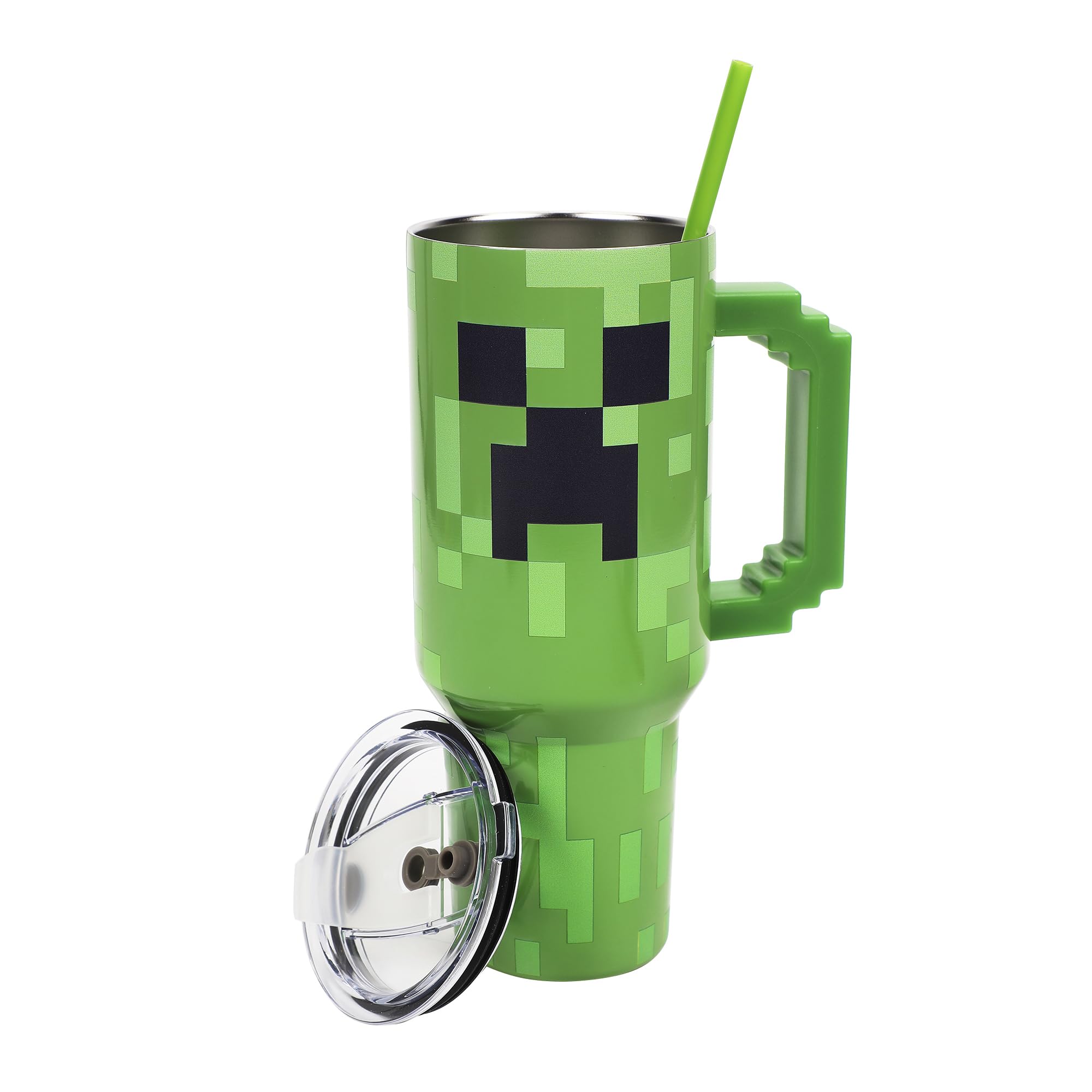 Bioworld Minecraft Creeper tumbler front view with pixelated handle for all-day hydration.