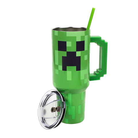 Bioworld Minecraft Creeper tumbler front view with pixelated handle for all-day hydration.