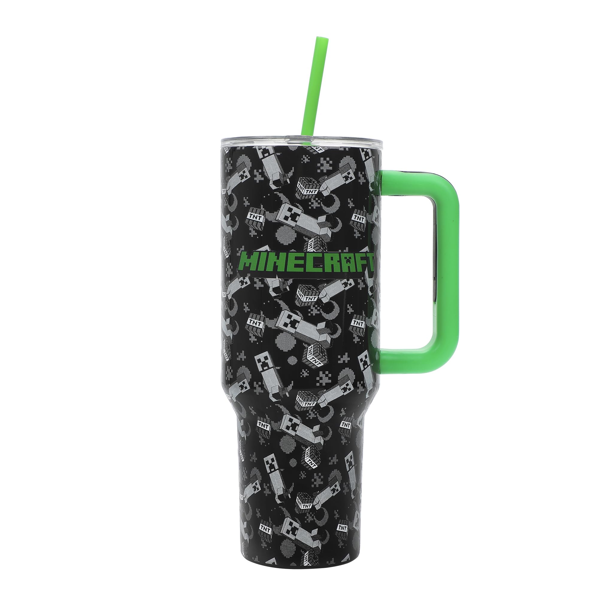 Bioworld tumbler with handle showcases Creeper and TNT pattern, easy to carry during workouts.