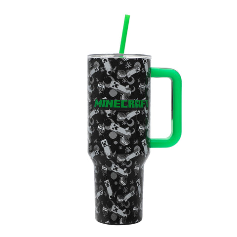 Bioworld tumbler with handle showcases Creeper and TNT pattern, easy to carry during workouts.