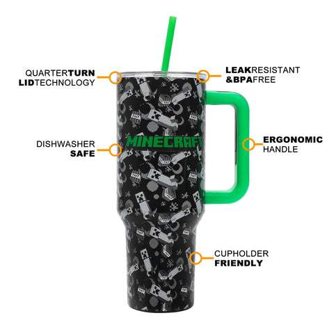 Tumbler held in hand illustrating convenient 40 oz capacity.