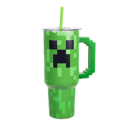 Bioworld Minecraft Creeper tumbler with pixelated handle for fans.