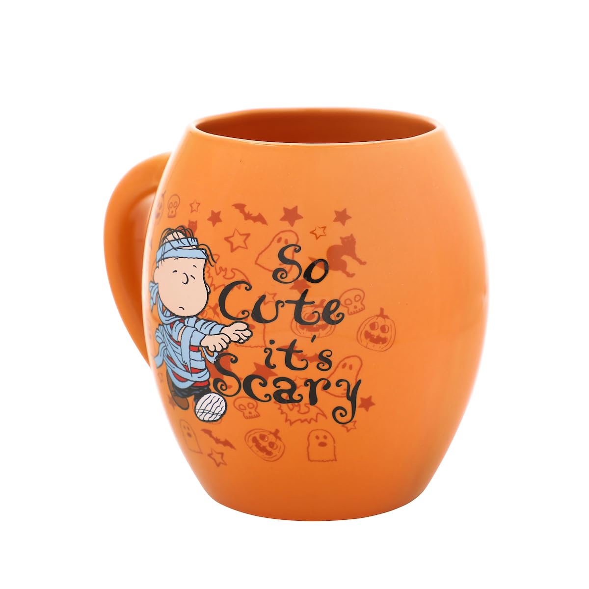 Bioworld Peanuts mug Snoopy Woodstock mummy side view shows playful characters for cozy evenings.