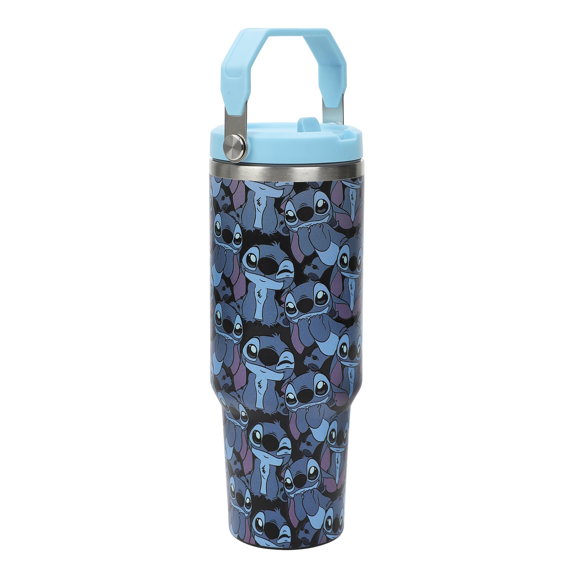 Bioworld Stitch print blue tumbler with handle, easy to carry during daily routines