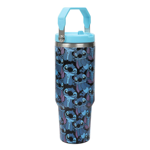 Bioworld Stitch print blue tumbler with handle, easy to carry during daily routines