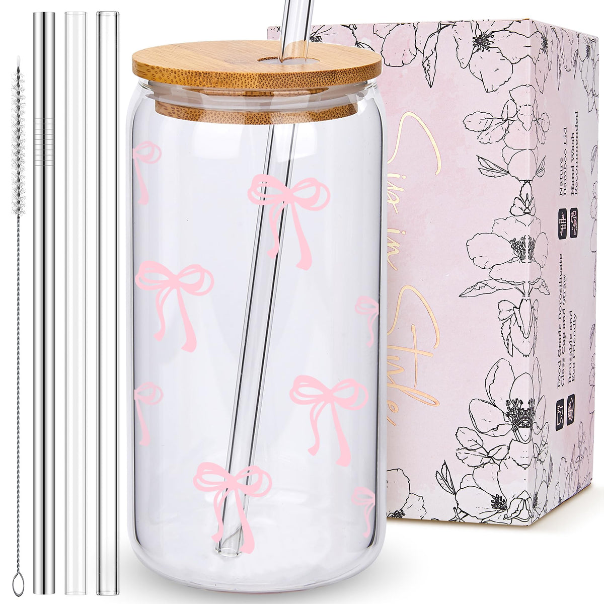 BIPEDS Coquette pink bow glass cup with lid and straw, ideal for stylish iced beverages.