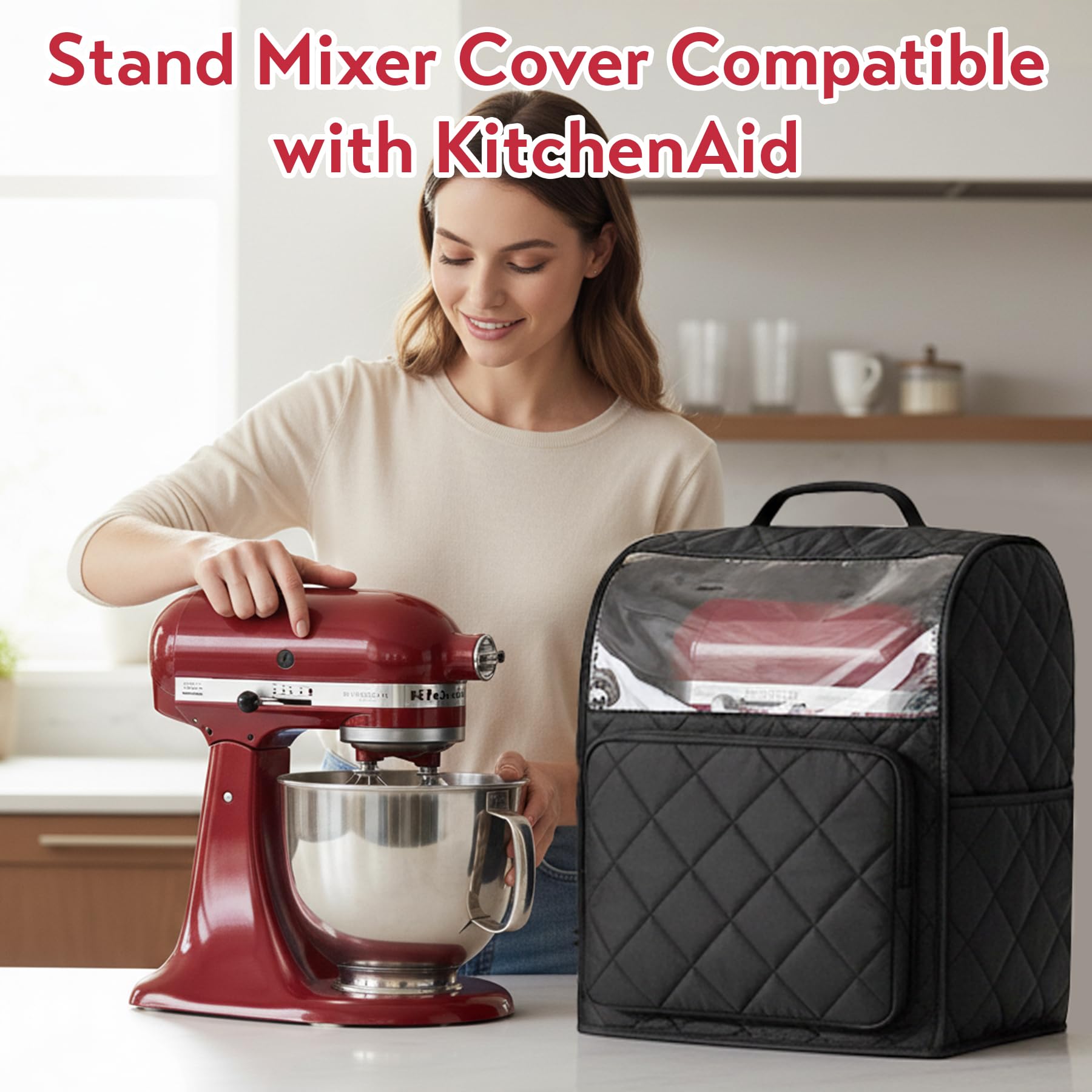 Bipkonu mixer cover with side pockets keeps recipes handy.