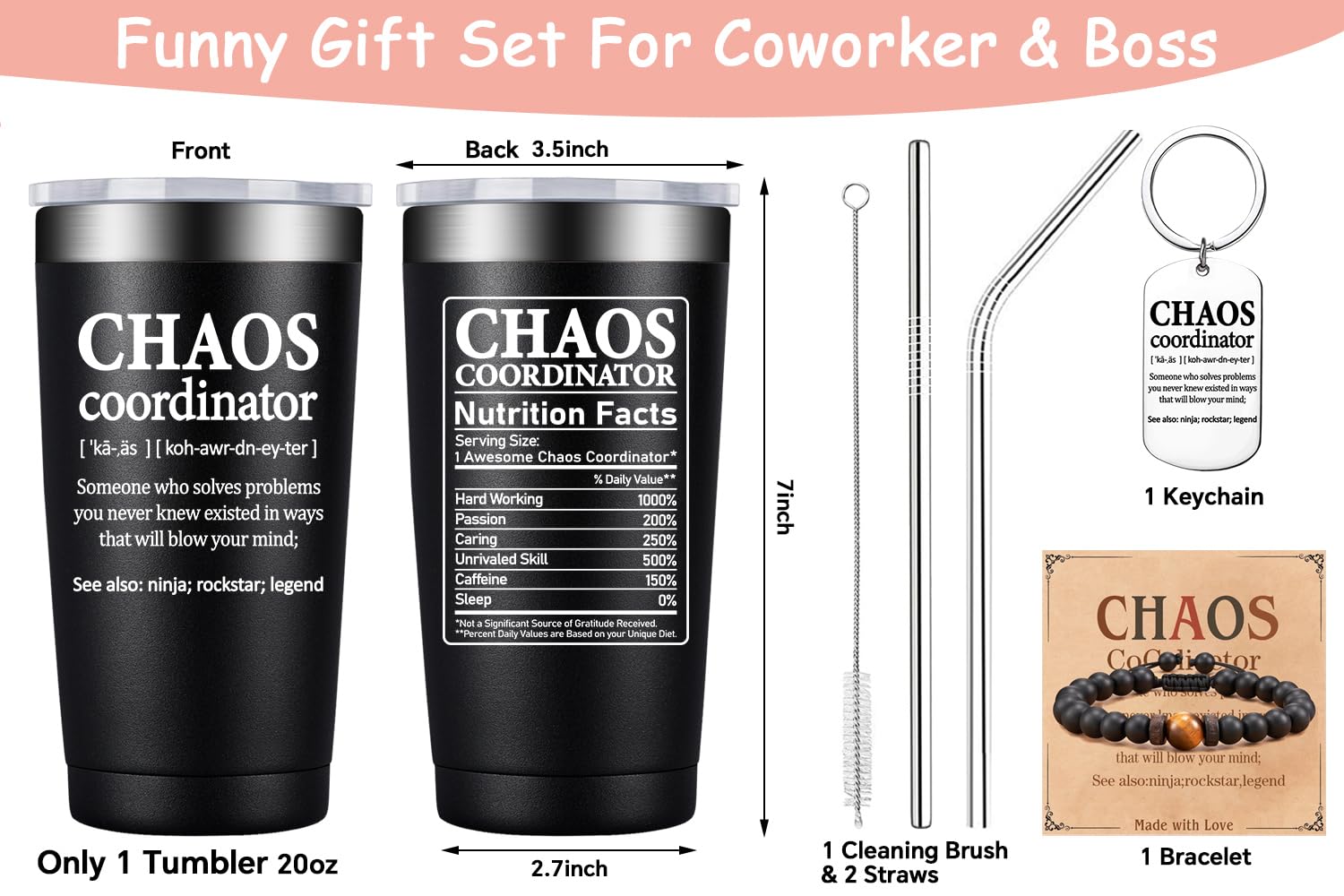 BIRGILT Chaos Coordinator Tumbler back nutrition fact adds playful detail