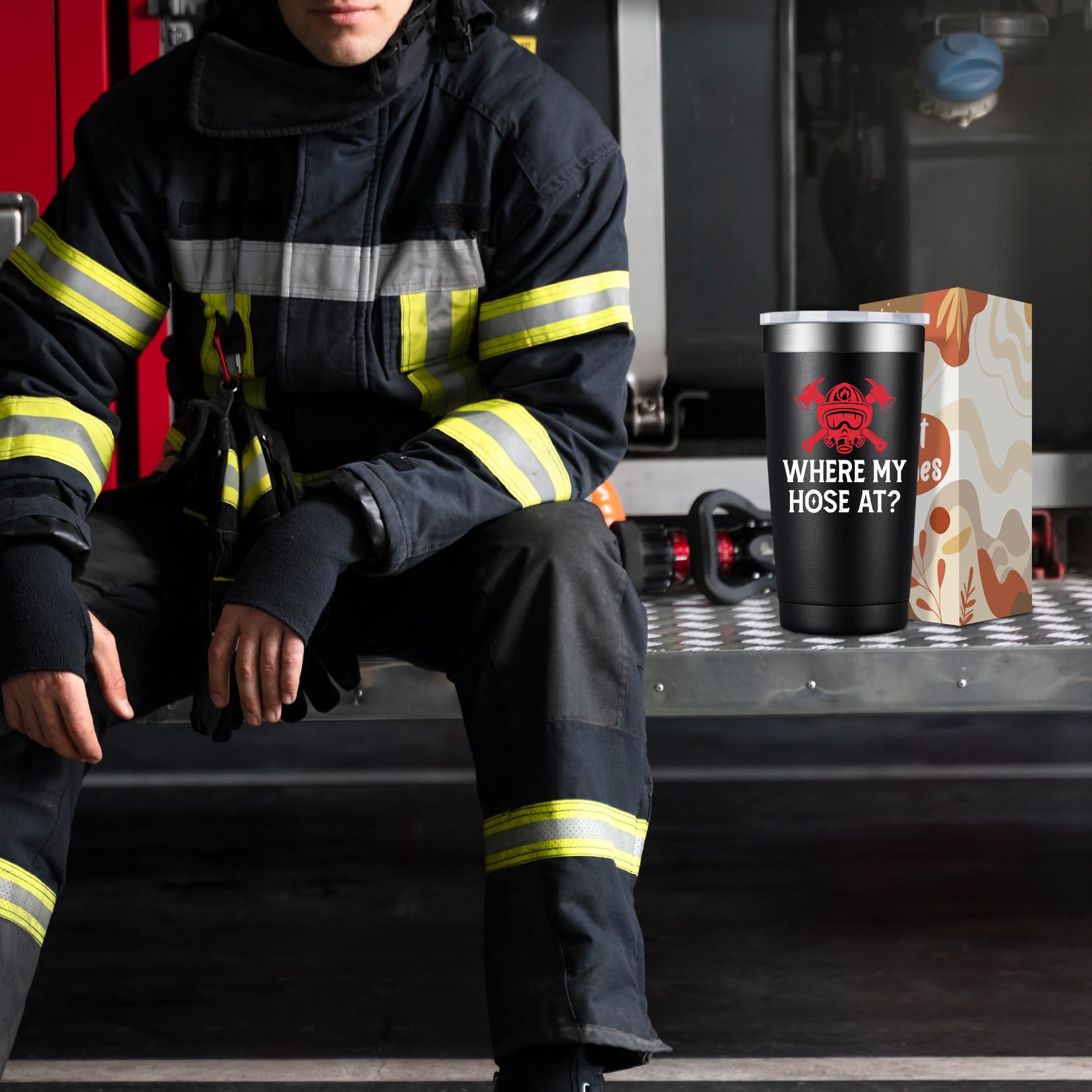 BIRGILT Firefighter tumbler 20oz car cup-holder fit underscores portable hydration on shifts.