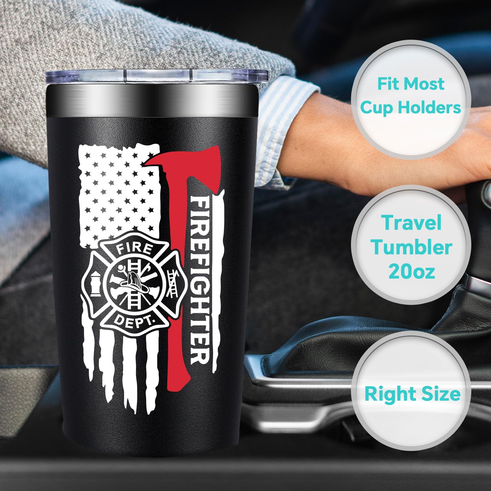 BIRGILT Firefighter tumbler 20oz hot coffee steam highlights comfort during cold mornings.