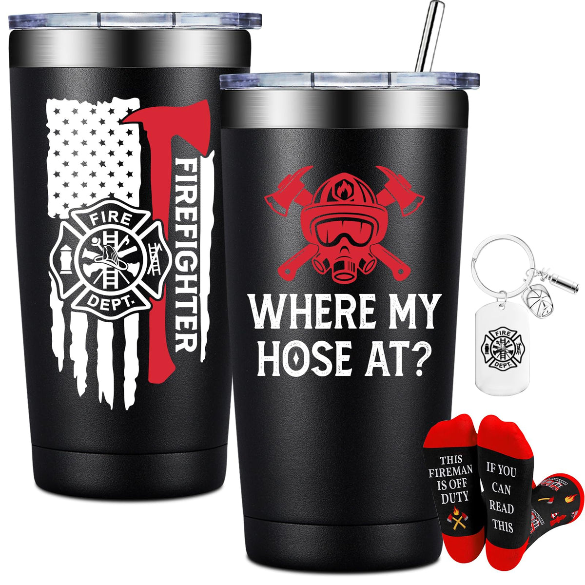 BIRGILT Firefighter tumbler 20oz logo showcases emblem, ideal gift for firefighters.