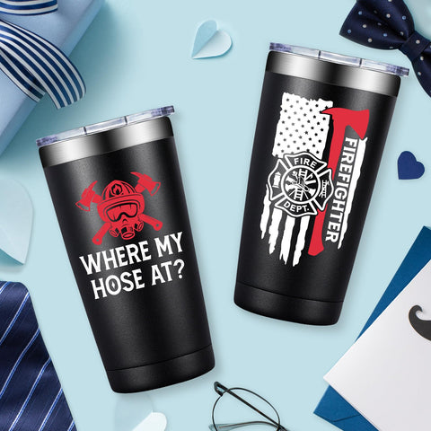 BIRGILT Firefighter tumbler 20oz temperature contrast visual underscores heat retention benefits.