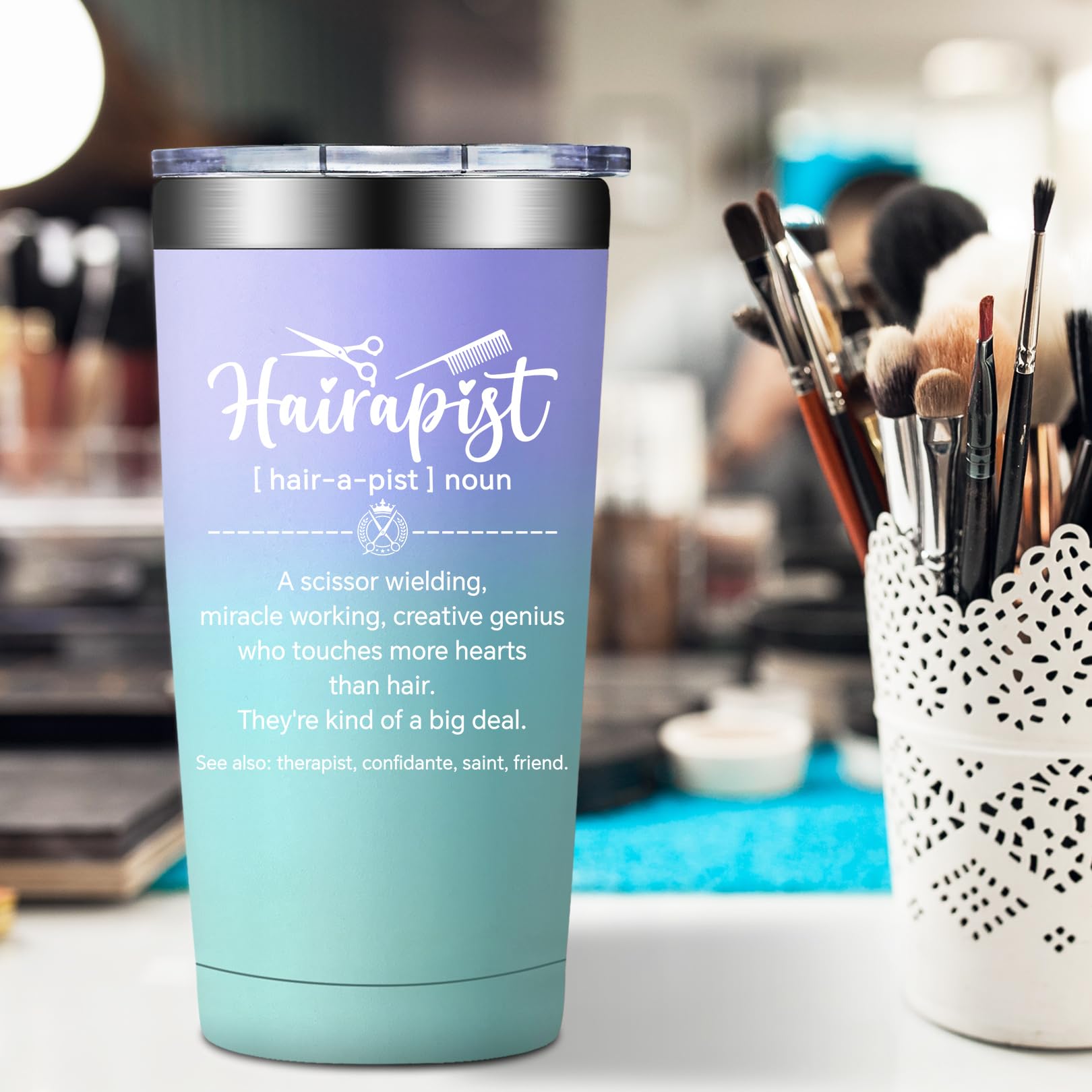BIRGILT leakproof travel tumbler prevents spills during salon visits and commutes.