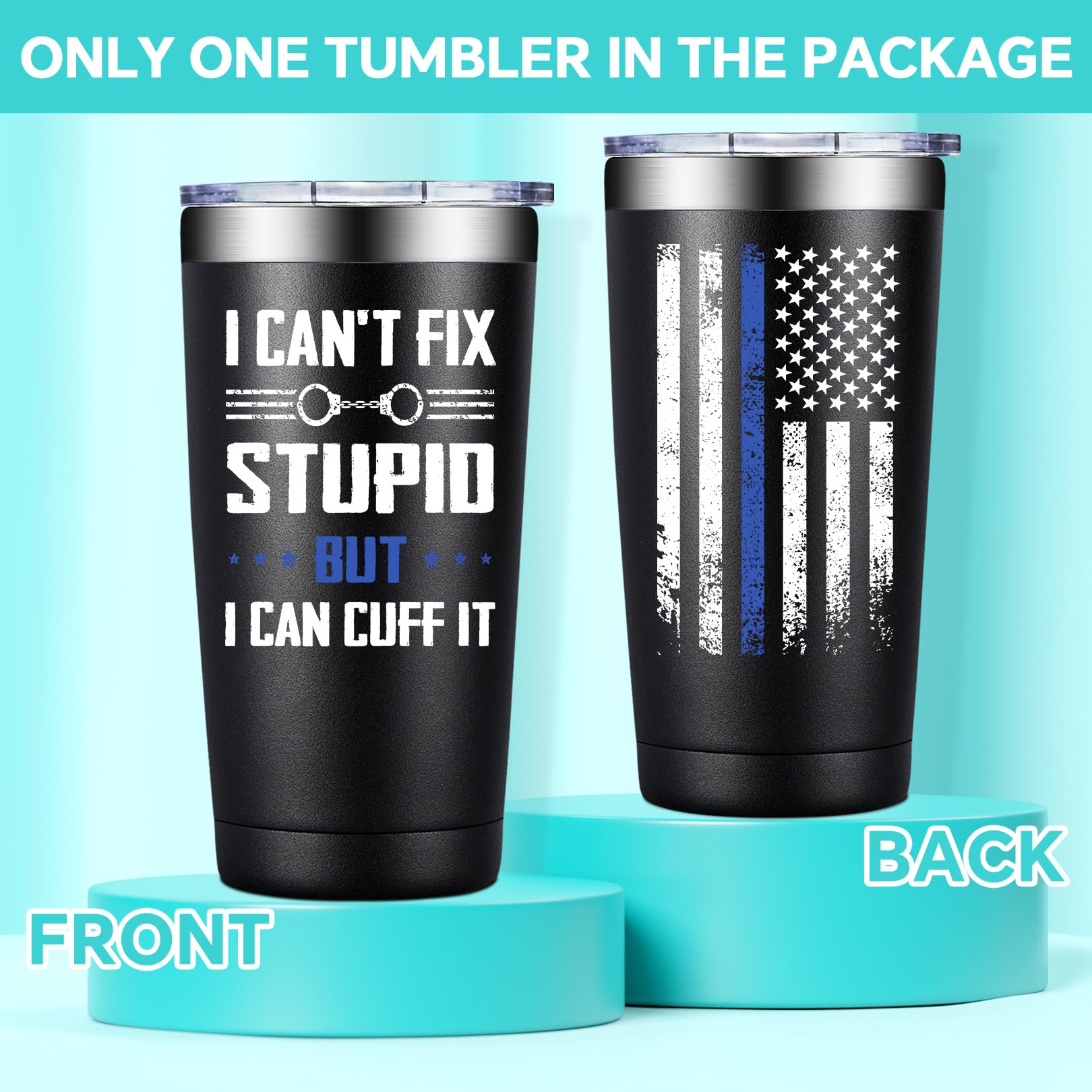Birgilt police tumbler 20oz side view with lid, leak-proof for travel.