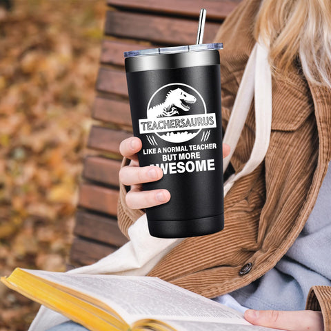 BIRGILT Teachersaurus tumbler in a car cup holder for travel