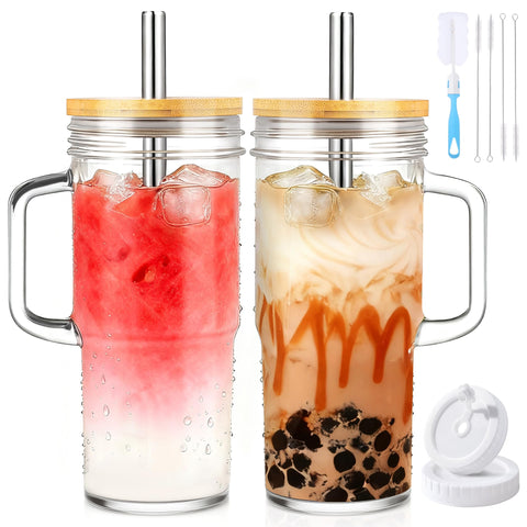 Birity 24oz glass tumbler with handle for easy travel.