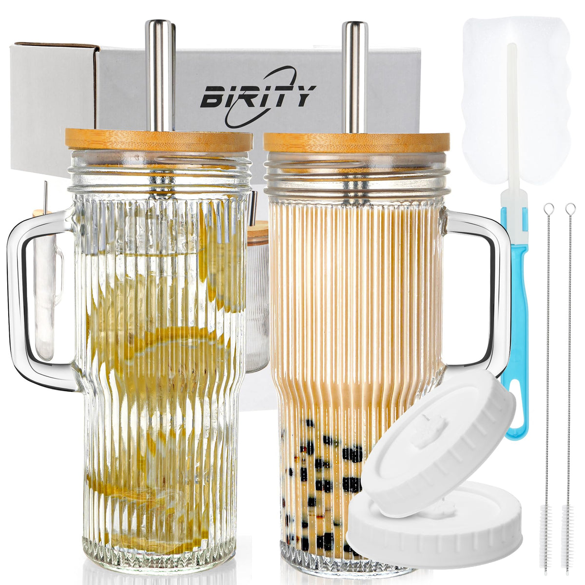 Birity 24oz ribbed glass tumbler with handle for a comfortable grip and spill resistance.