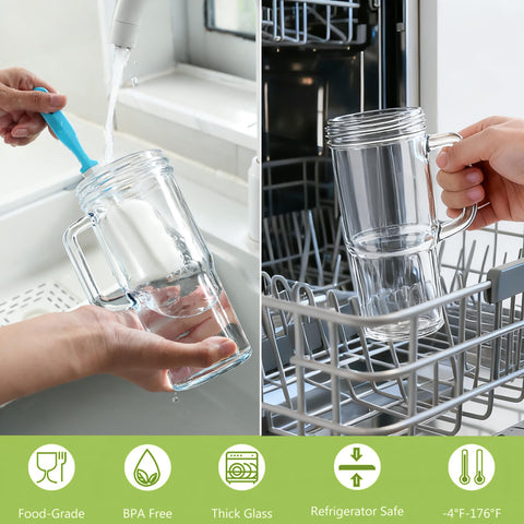 Birity dishwasher-safe glass tumbler with wide mouth for easy cleaning.