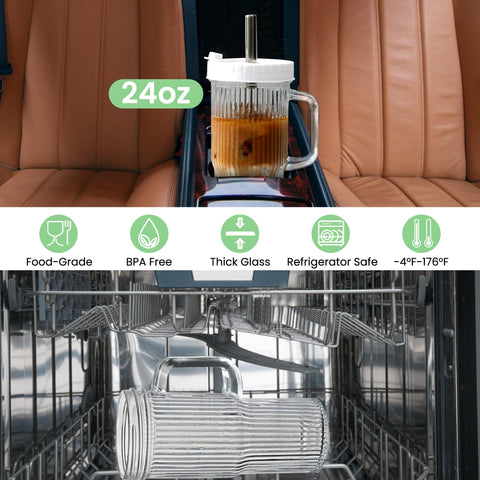 Birity glass cup with lid and straw for secure, on the go hydration.