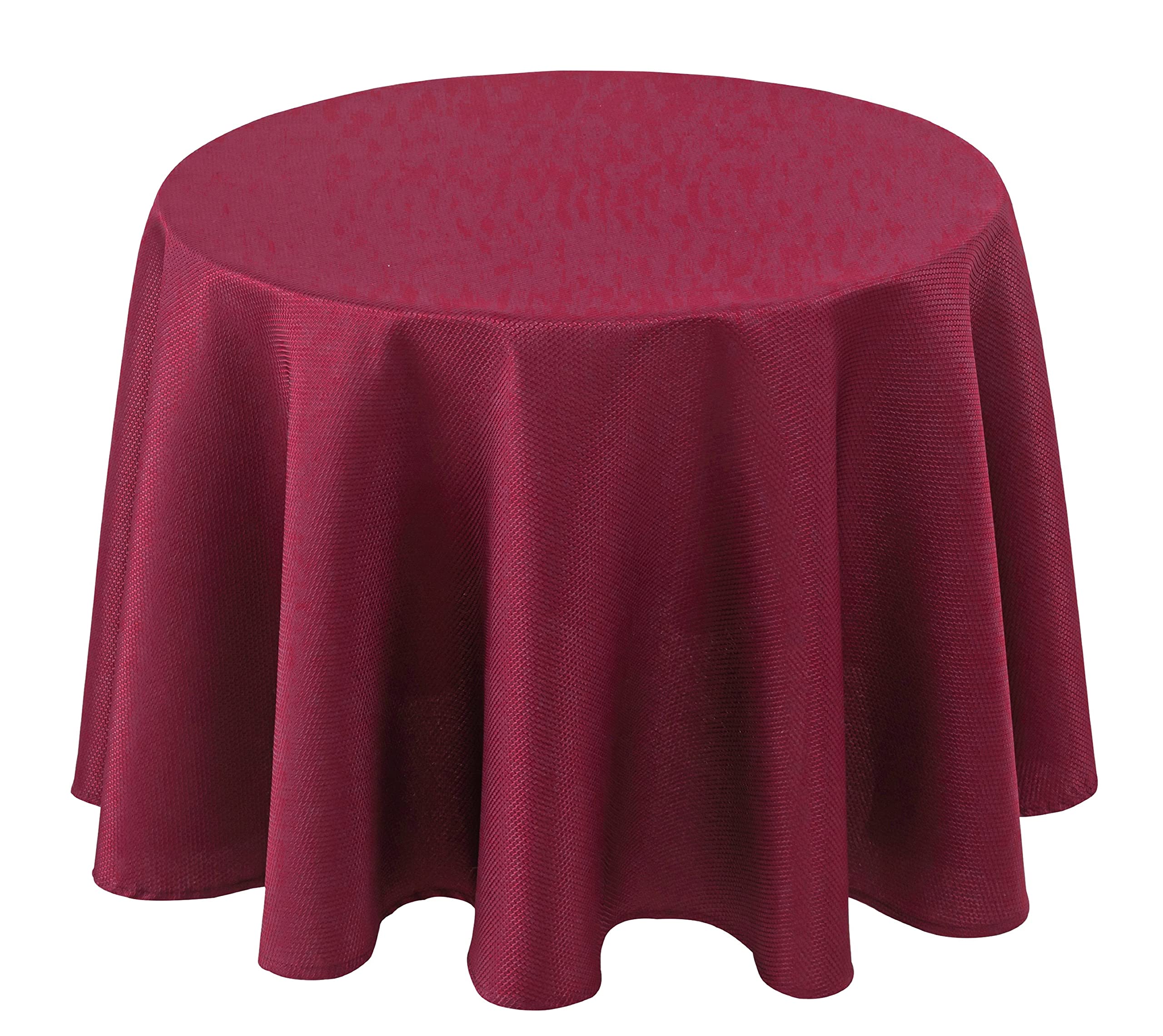 Biscaynebay Burgundy textured round tablecloth draped on a 70-inch table for elegant dinners.
