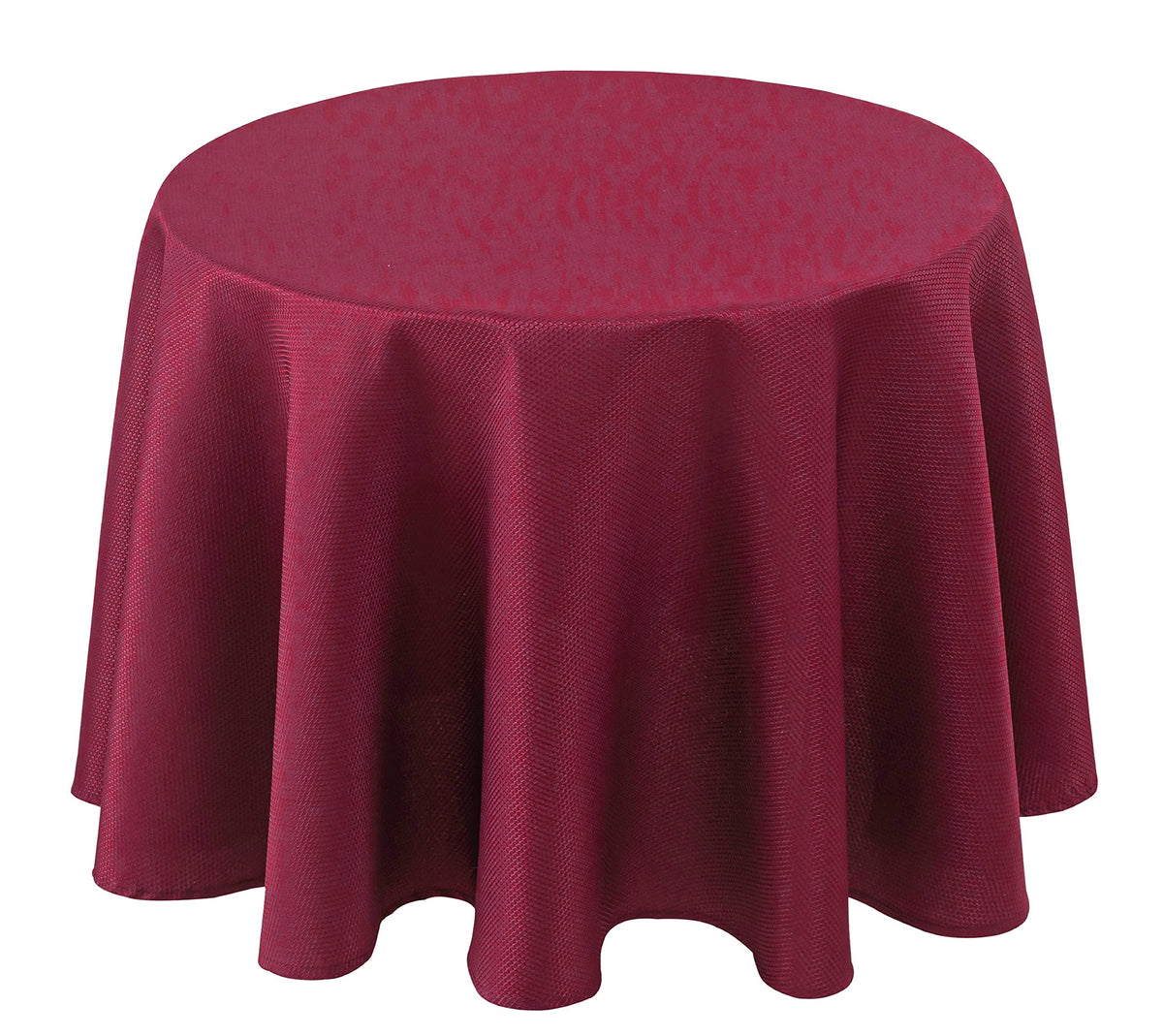 Biscaynebay Burgundy textured round tablecloth draped on a 70-inch table for elegant dinners.
