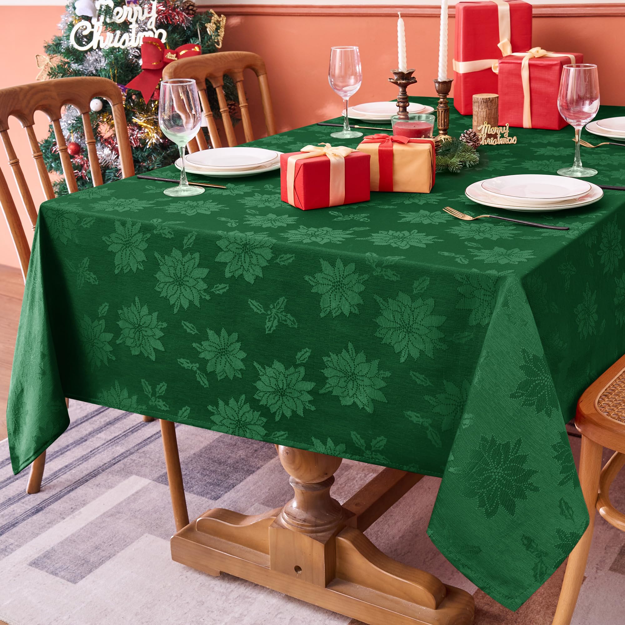 Biscaynebay Christmas hunter green tablecloth on 60x120 table for festive dining and easy cleanup.