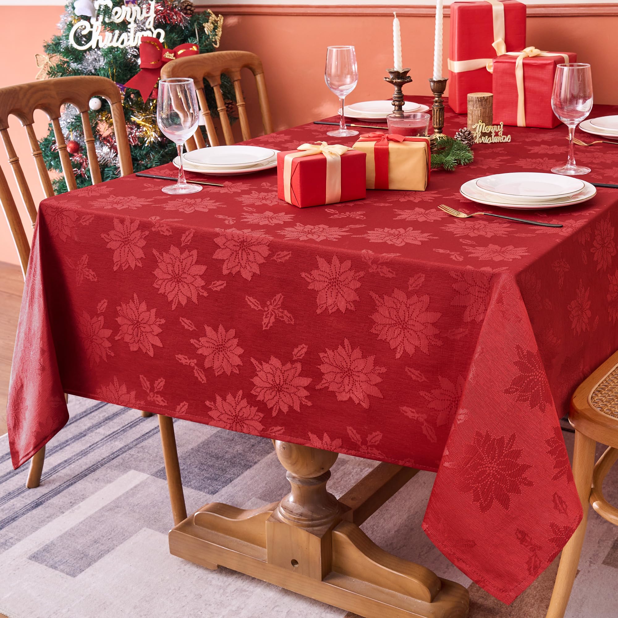Biscaynebay Christmas red tablecloth 60x120 enhances festive warmth on a rectangular table.