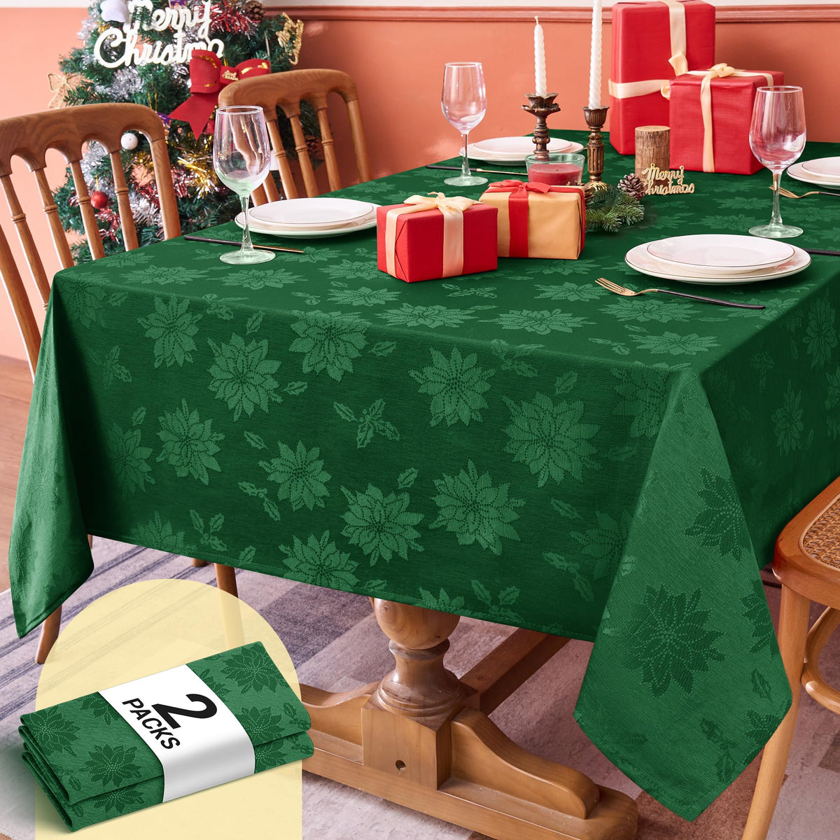Biscaynebay Christmas tablecloth 60x84 in hunter green damask elevates holiday tables