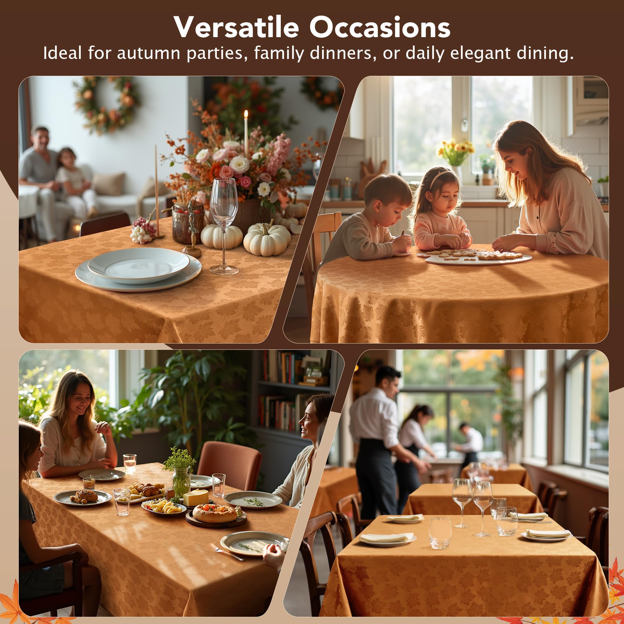 Biscaynebay damask leaves pattern tablecloth ideal for indoor and outdoor fall dinners.