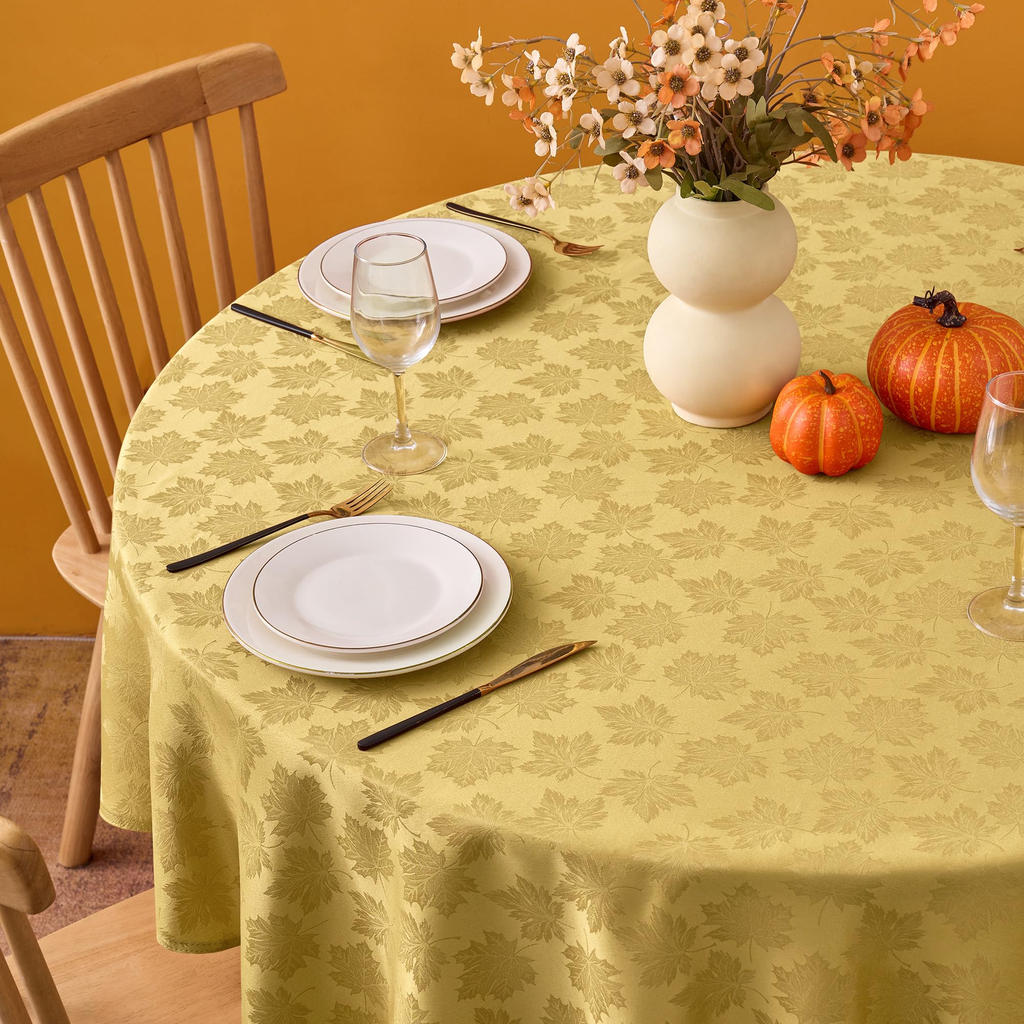 Biscaynebay fall round tablecloth in gold with damask leaves adds festive warmth to dining.