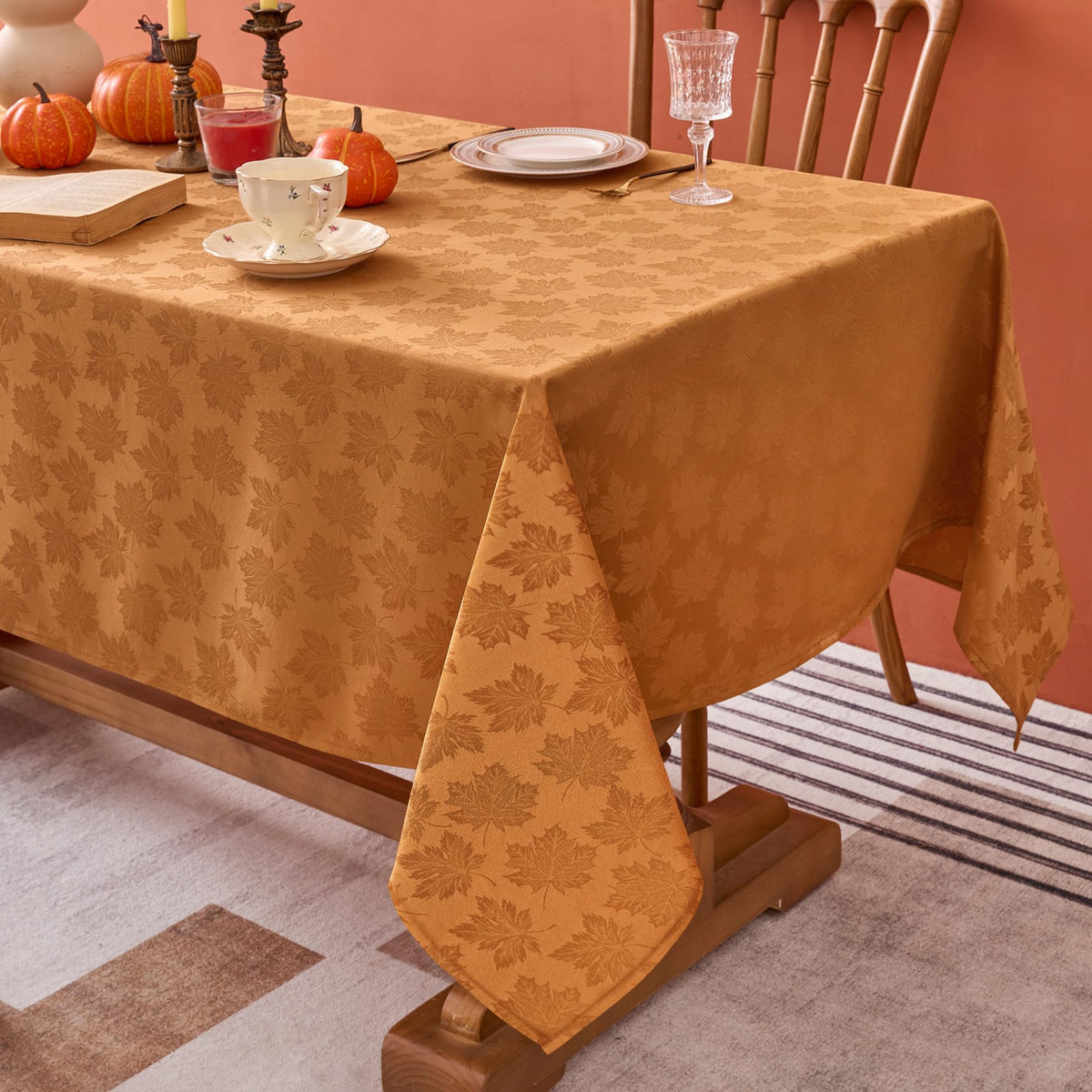 Biscaynebay fall tablecloth with amber damask leaves for festive autumn dining.