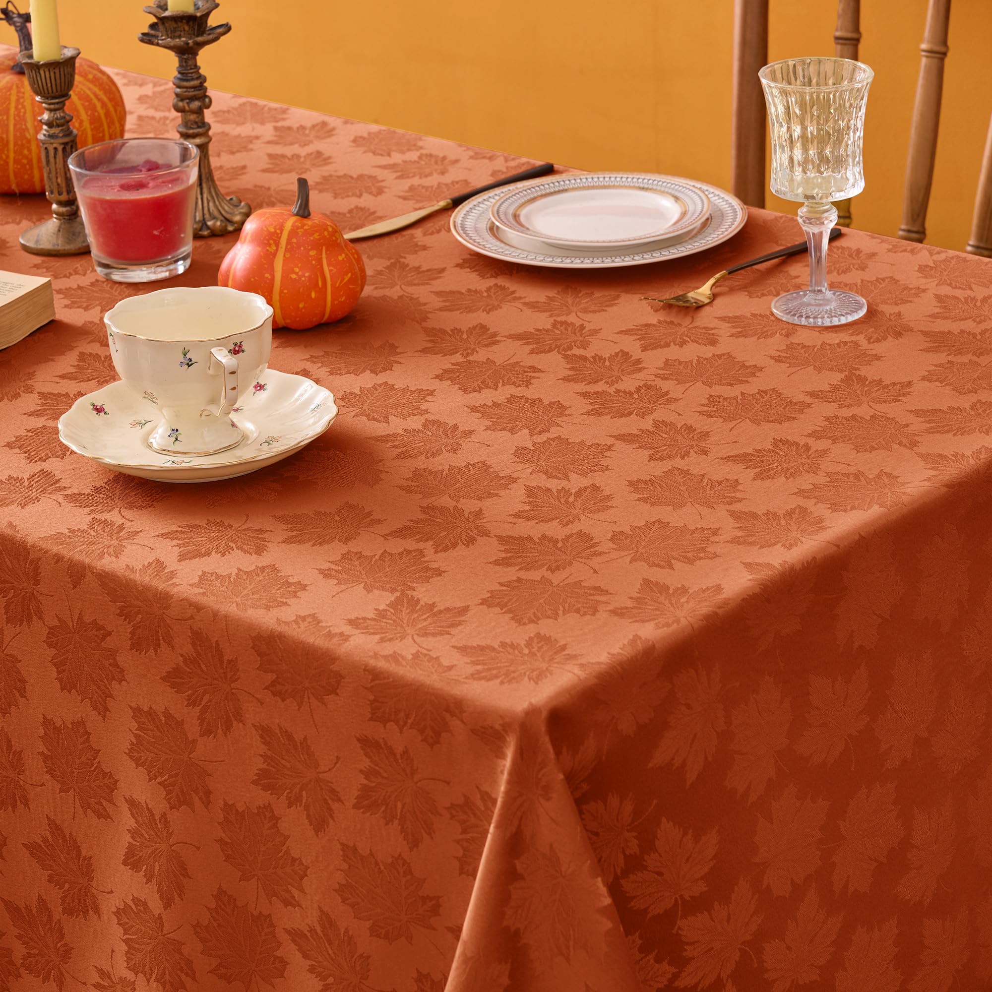 Biscaynebay fall tablecloth in an indoor dining scene with warm lighting