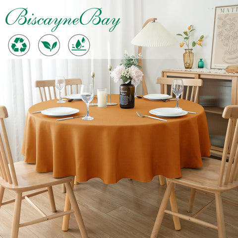 Biscaynebay fall tablecloth on dining table displaying textured weave.