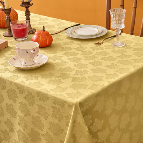 Biscaynebay fall tablecloth draped over a dining table