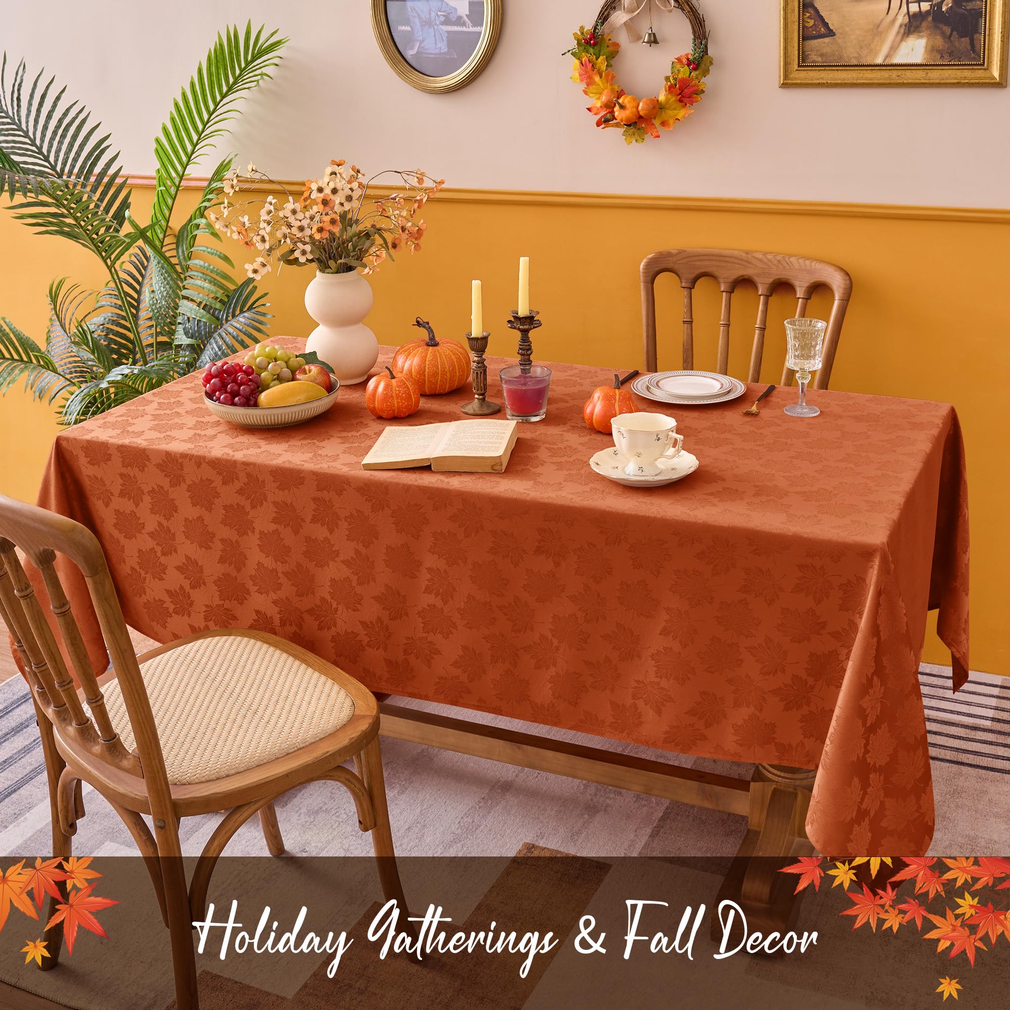 Rectangular dining table with Biscaynebay fall tablecloth for a festive look