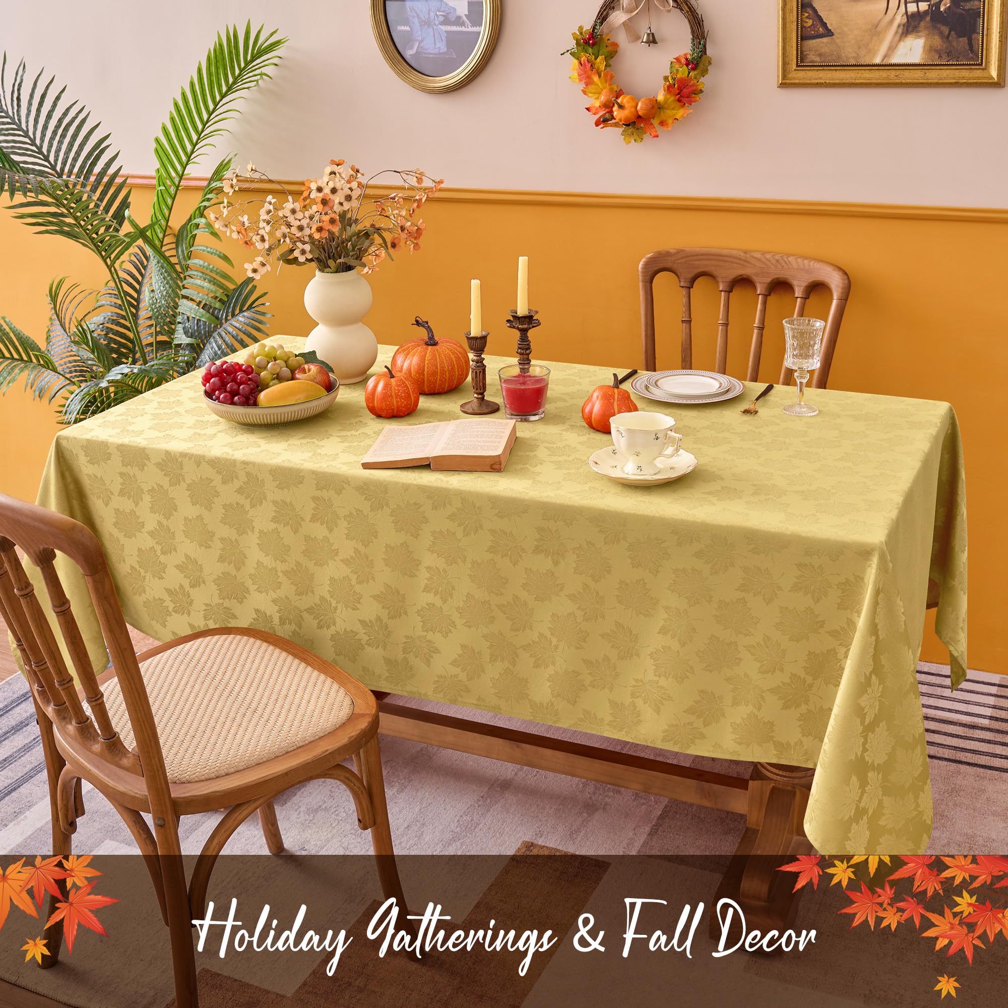 Thanksgiving table with Biscaynebay fall tablecloth and warm autumn decor