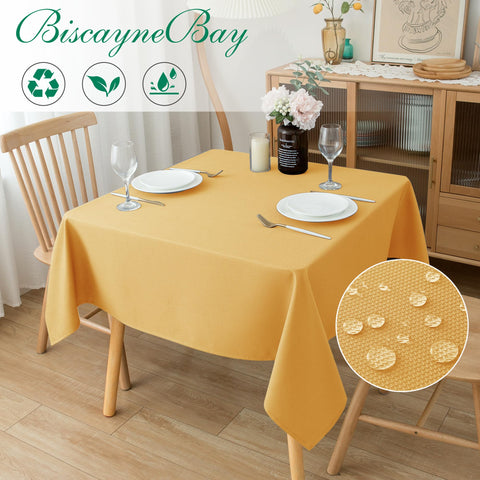 Biscaynebay Fall Tablecloth showing water beads on spills for easy cleanup.