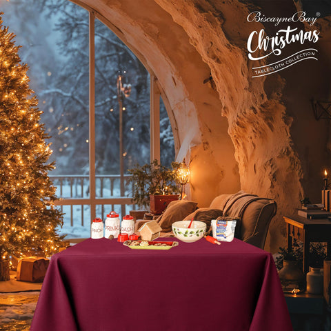 Biscaynebay machine-washable burgundy tablecloth for easy care.