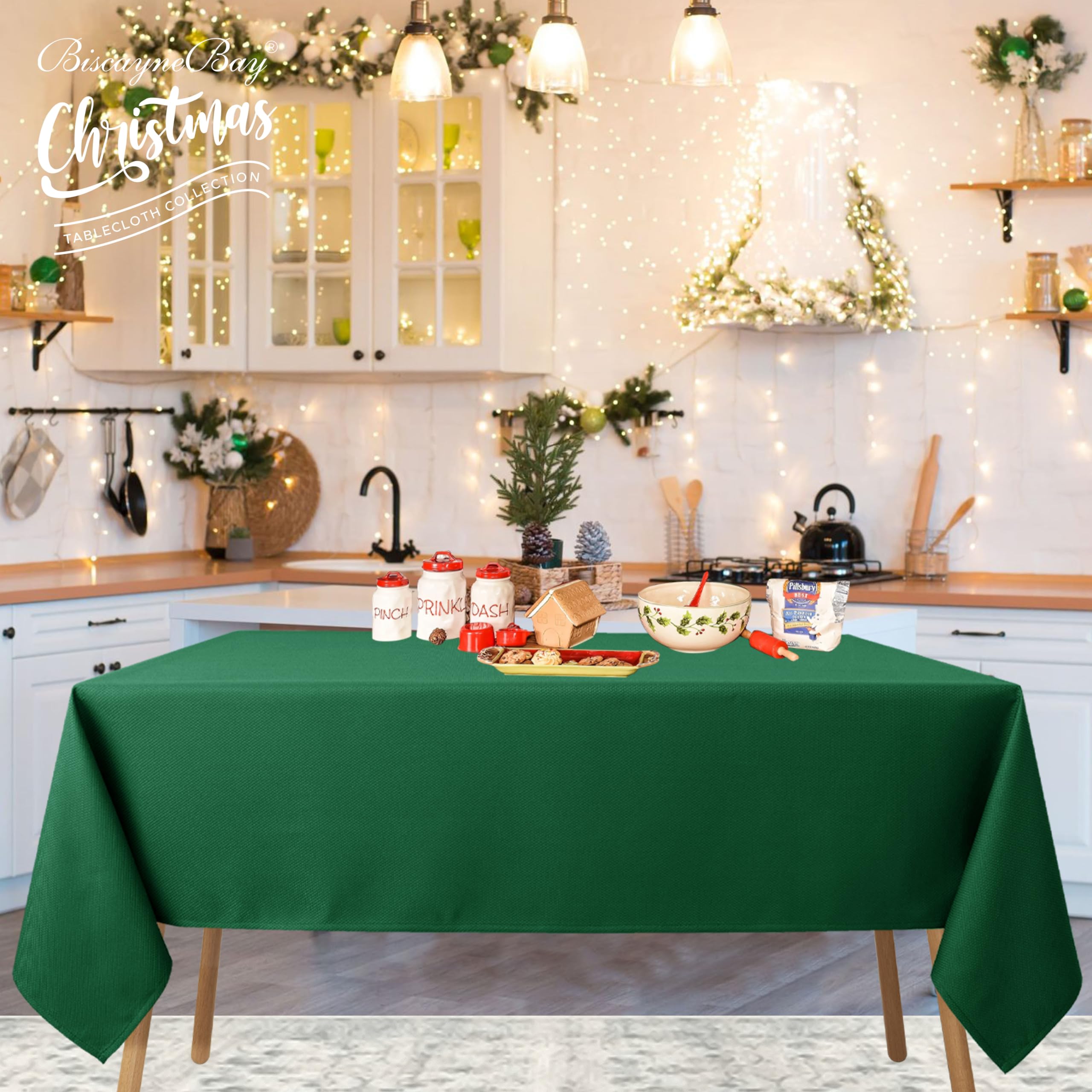 Biscaynebay hunter-green tablecloth elevates wedding and banquets with refined look.