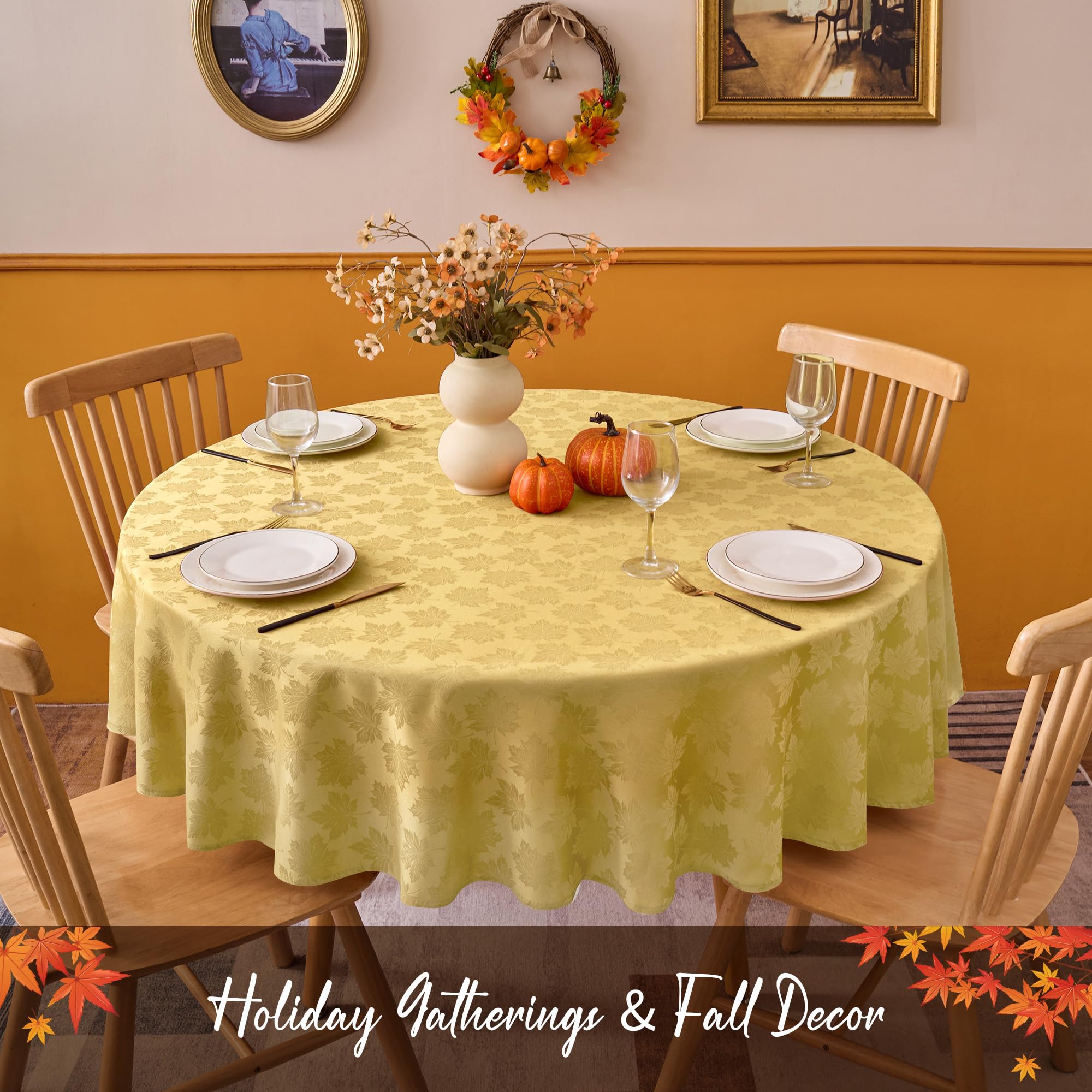 Biscaynebay gold round tablecloth framing a cozy family gathering with autumnal charm.