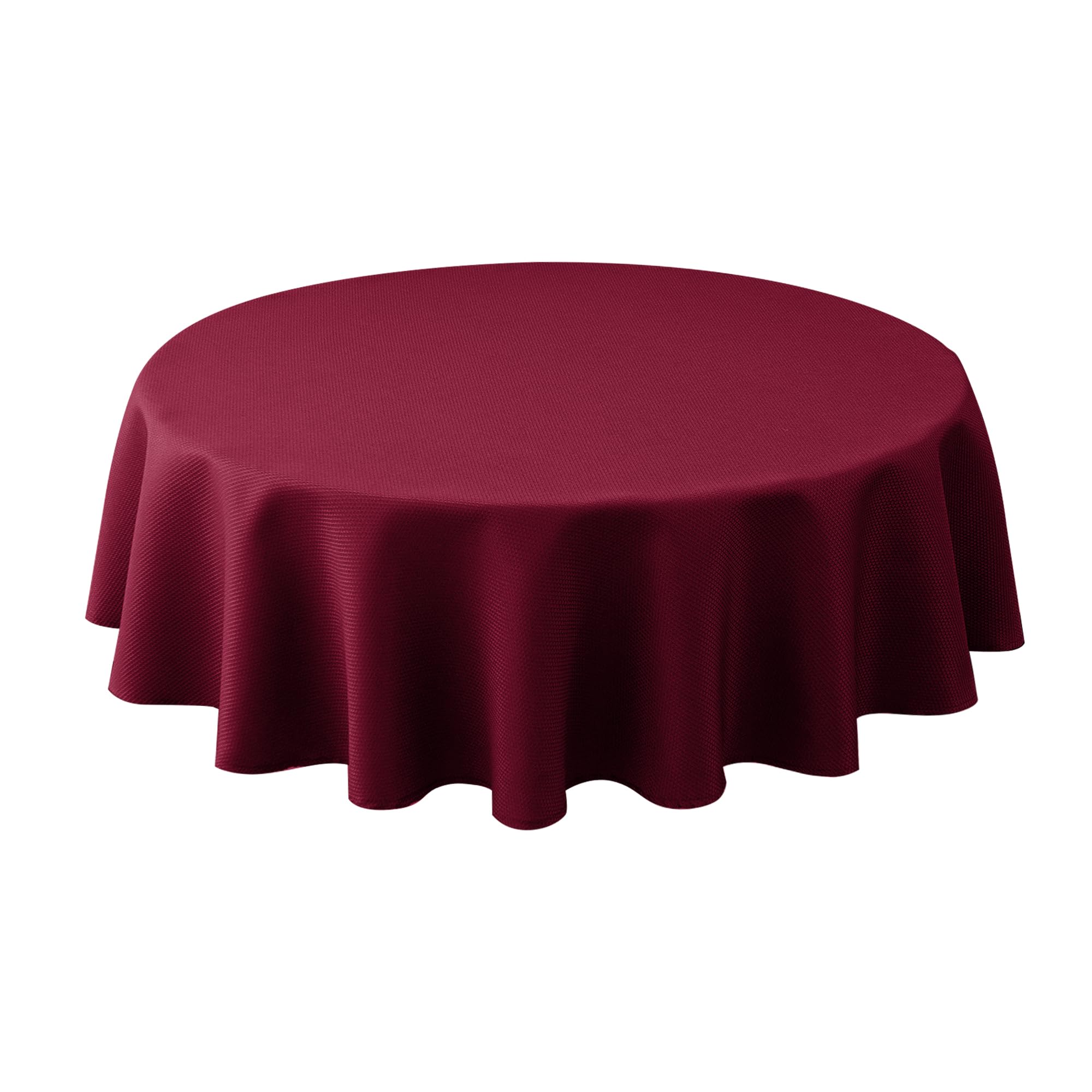 Biscaynebay round tablecloth 60-inch diameter in burgundy enhances formal dining ambiance.