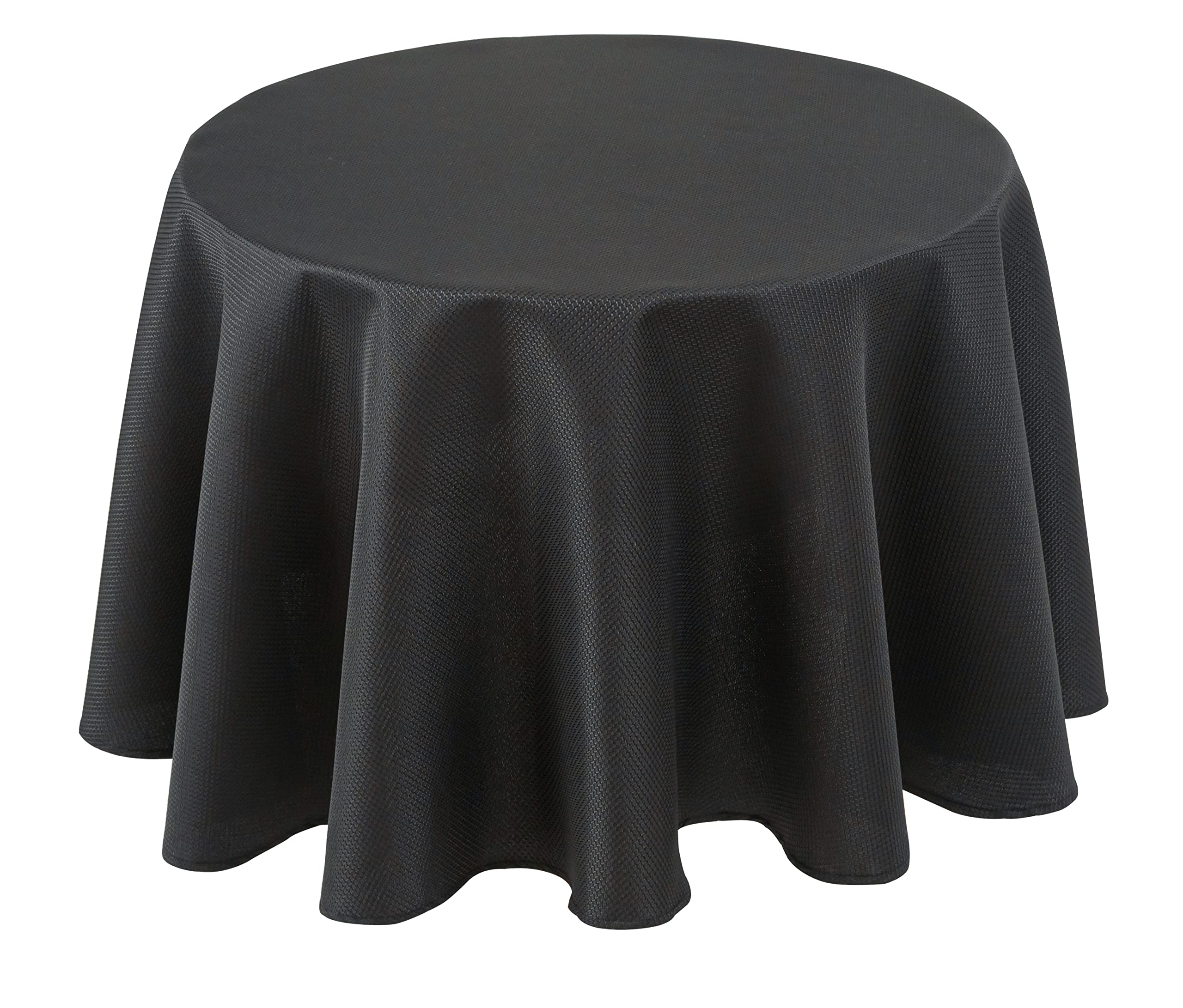 Biscaynebay round tablecloth on table elevates dining aesthetics with a sleek black finish.
